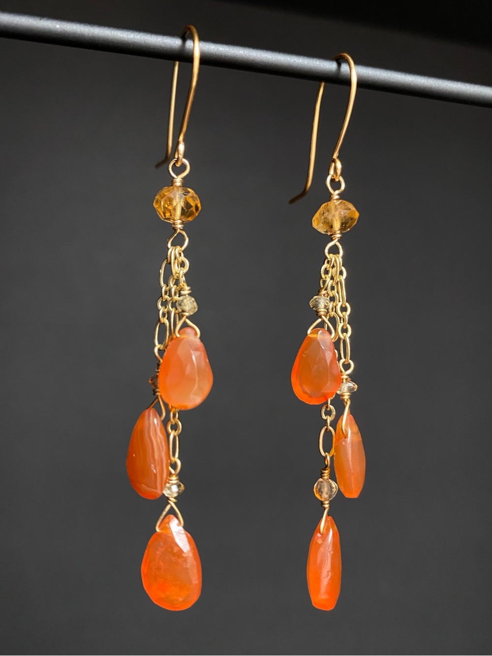 Carnelian & Citrine Dangle Chain Earrings - Picture 2 of 3
